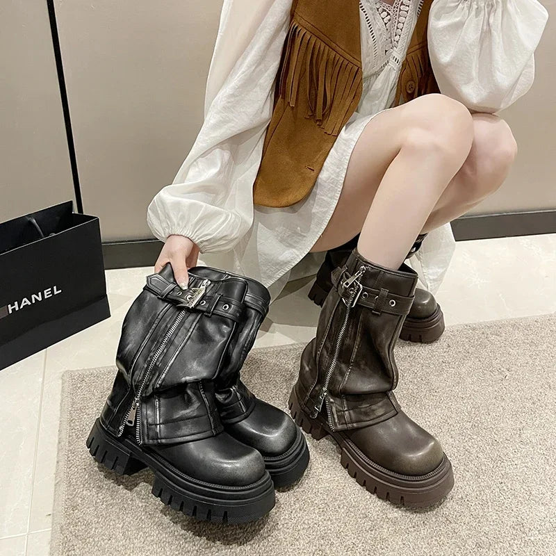 Bota Cano Médio Biker Couro