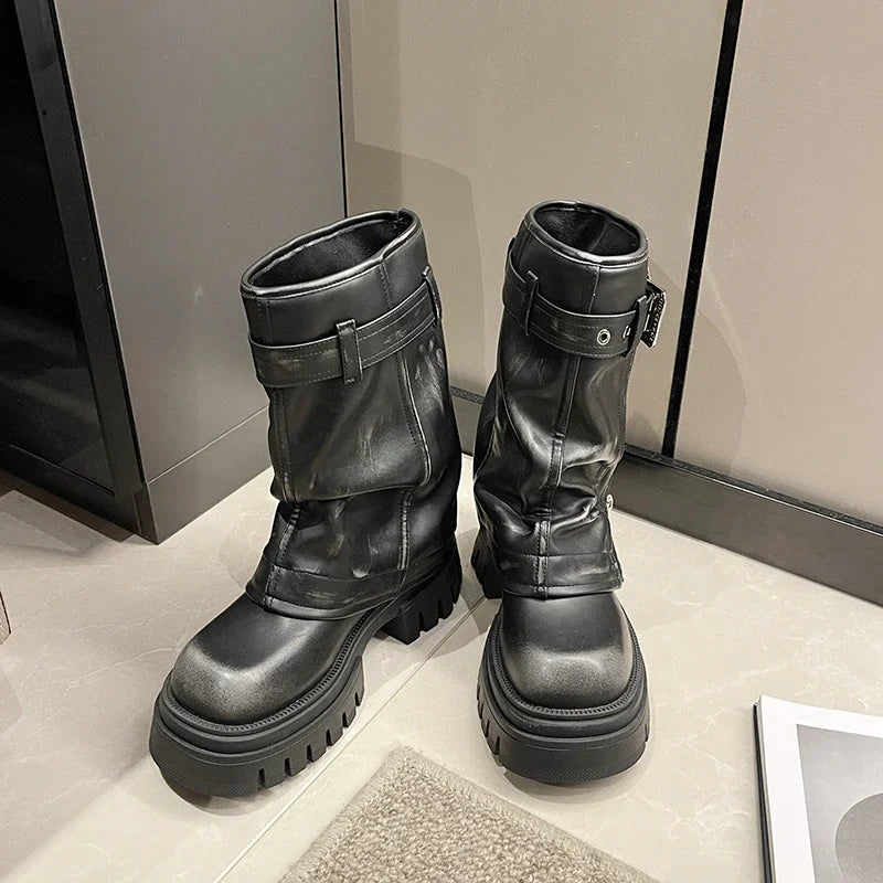 Bota Cano Médio Biker Couro